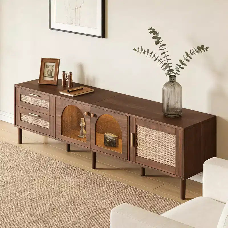 Meuble TV JVNOXK Modern Media Entertainment de 86 pouces, compatible avec les téléviseurs de moins de 90 pouces, avec 2 tiroirs et des compartiments de rangement avec portes vitrées - Marron
