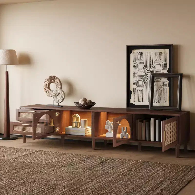 Meuble TV JVNOXK Modern Media Entertainment de 86 pouces, compatible avec les téléviseurs de moins de 90 pouces, avec 2 tiroirs et des compartiments de rangement avec portes vitrées - Marron