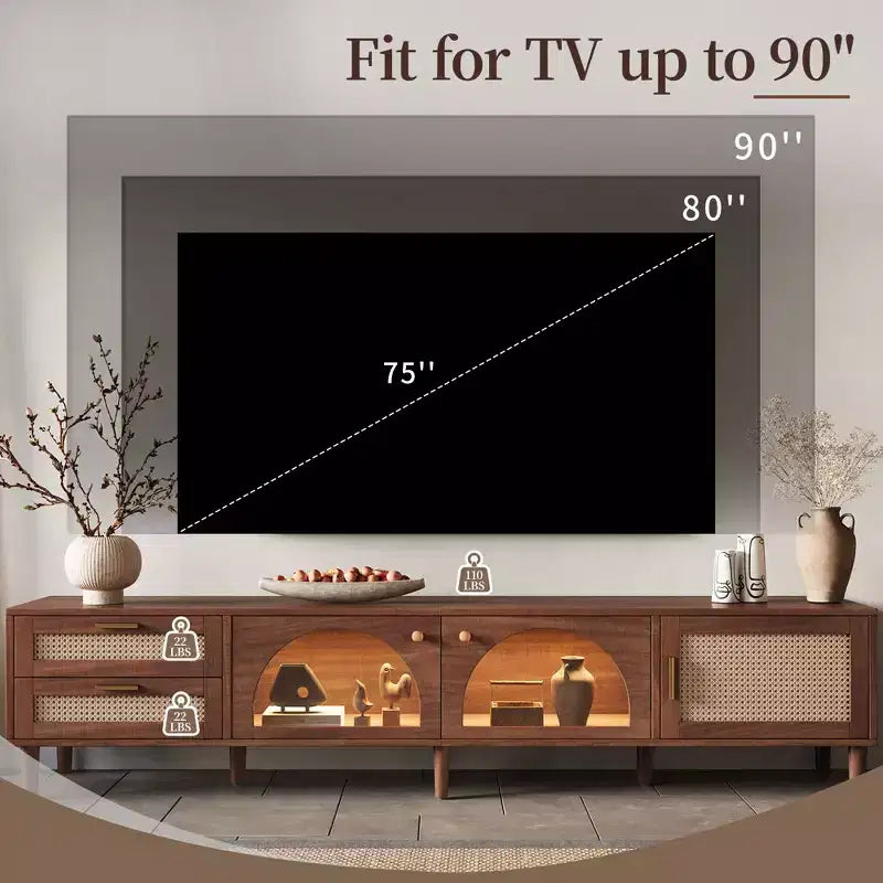 Meuble TV JVNOXK Modern Media Entertainment de 86 pouces, compatible avec les téléviseurs de moins de 90 pouces, avec 2 tiroirs et des compartiments de rangement avec portes vitrées - Marron