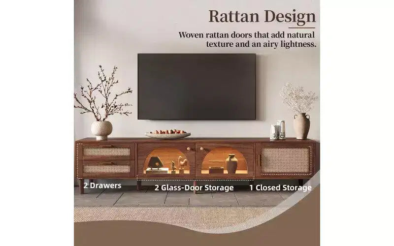 Meuble TV JVNOXK Modern Media Entertainment de 86 pouces, compatible avec les téléviseurs de moins de 90 pouces, avec 2 tiroirs et des compartiments de rangement avec portes vitrées - Marron