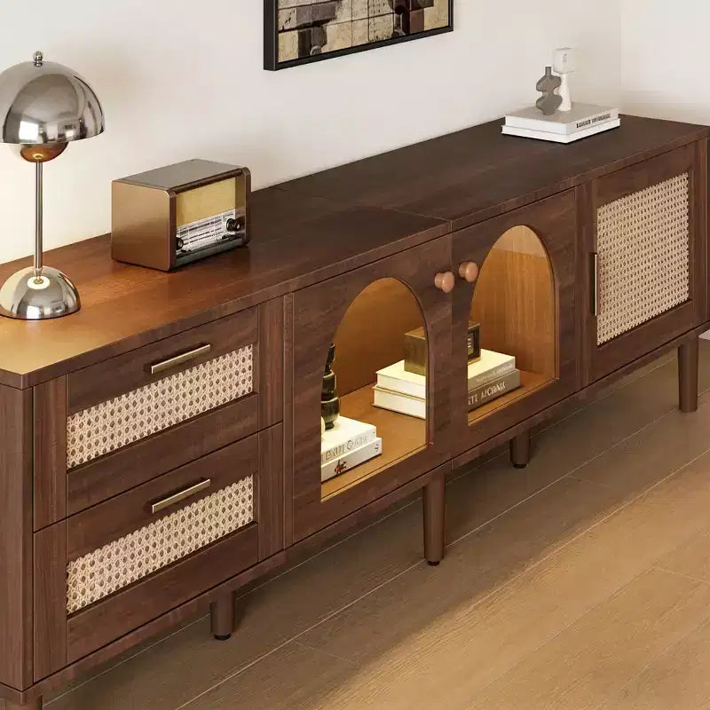 Meuble TV JVNOXK Modern Media Entertainment de 86 pouces, compatible avec les téléviseurs de moins de 90 pouces, avec 2 tiroirs et des compartiments de rangement avec portes vitrées - Marron