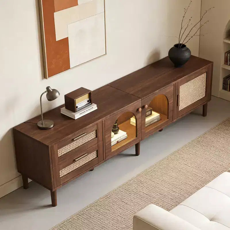 Meuble TV JVNOXK Modern Media Entertainment de 86 pouces, compatible avec les téléviseurs de moins de 90 pouces, avec 2 tiroirs et des compartiments de rangement avec portes vitrées - Marron