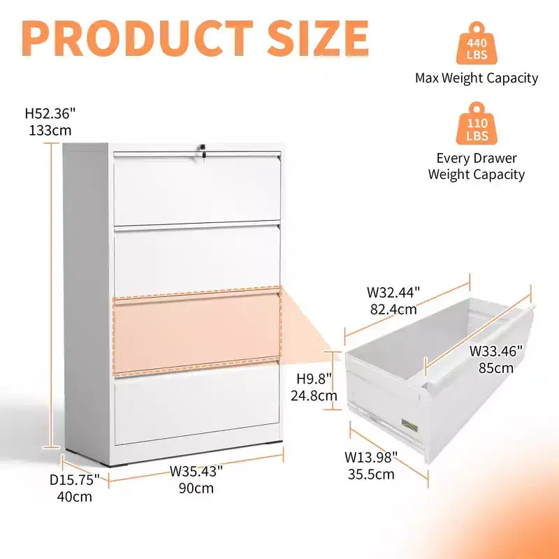 VIYET 52H Classeur latéral à 4 tiroirs avec serrure, armoire de classement métallique verrouillable blanche pour le bureau à domicile, convient aux documents de format légal/lettre/A4/F4