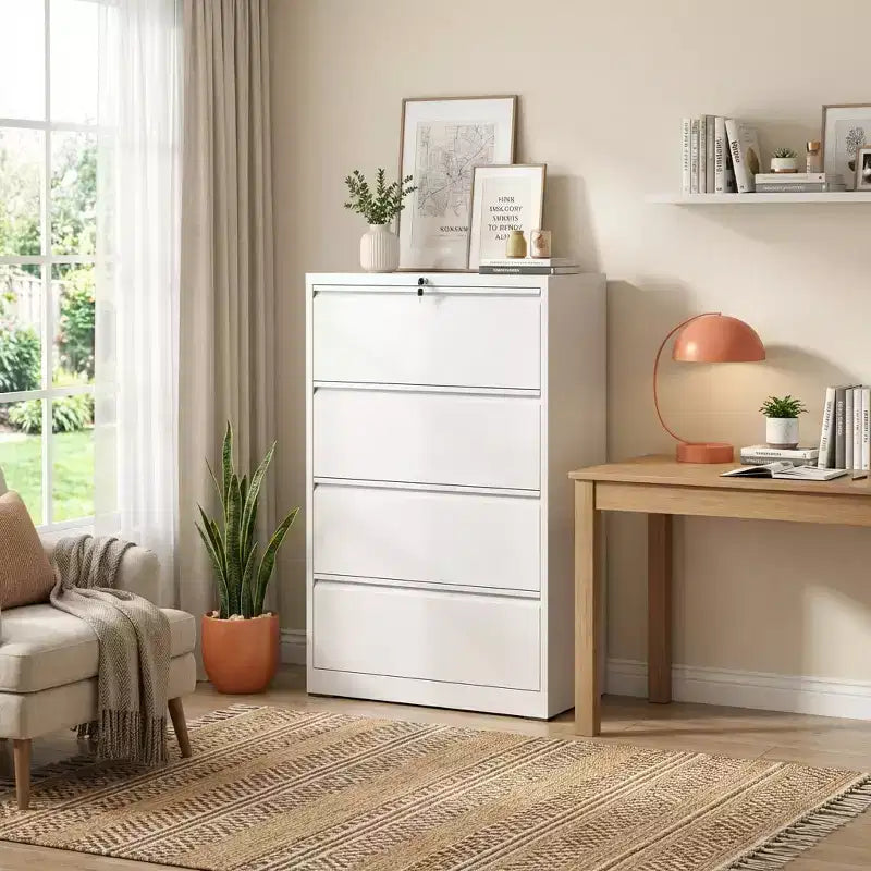 VIYET 52H Classeur latéral à 4 tiroirs avec serrure, armoire de classement métallique verrouillable blanche pour le bureau à domicile, convient aux documents de format légal/lettre/A4/F4