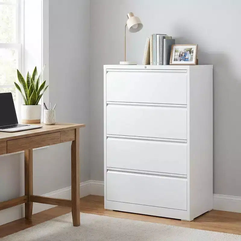VIYET 52H Classeur latéral à 4 tiroirs avec serrure, armoire de classement métallique verrouillable blanche pour le bureau à domicile, convient aux documents de format légal/lettre/A4/F4