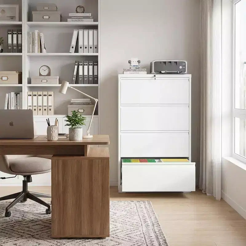 VIYET 52H Classeur latéral à 4 tiroirs avec serrure, armoire de classement métallique verrouillable blanche pour le bureau à domicile, convient aux documents de format légal/lettre/A4/F4