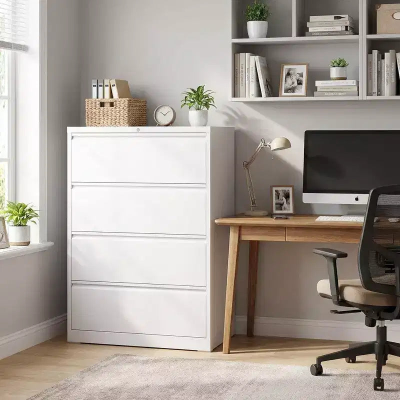 VIYET 52H Classeur latéral à 4 tiroirs avec serrure, armoire de classement métallique verrouillable blanche pour le bureau à domicile, convient aux documents de format légal/lettre/A4/F4