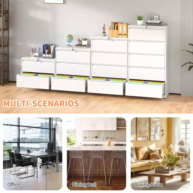 VIYET 52H Classeur latéral à 4 tiroirs avec serrure, armoire de classement métallique verrouillable blanche pour le bureau à domicile, convient aux documents de format légal/lettre/A4/F4