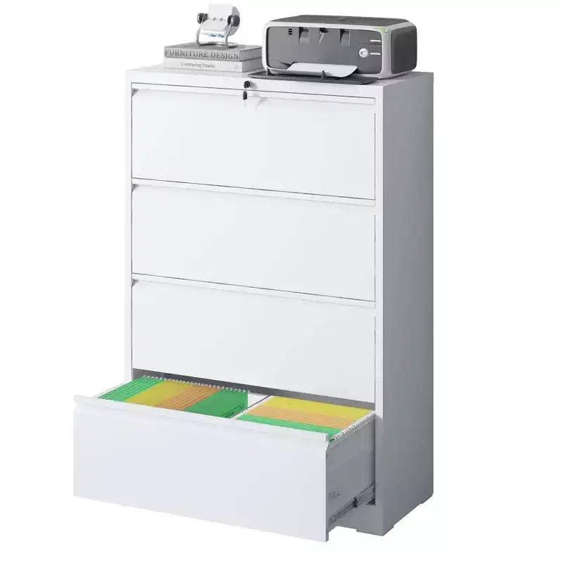 VIYET 52H Classeur latéral à 4 tiroirs avec serrure, armoire de classement métallique verrouillable blanche pour le bureau à domicile, convient aux documents de format légal/lettre/A4/F4