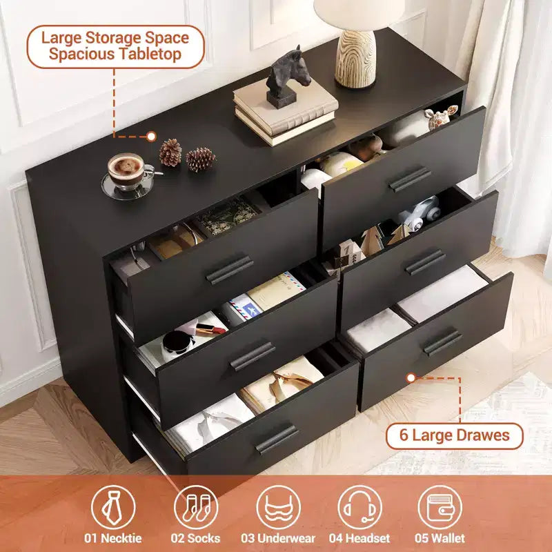 Commode à 6 tiroirs, commode de rangement moderne à structure durable avec tiroirs profonds, dispositif anti-basculement pour la maison, le bureau, le salon