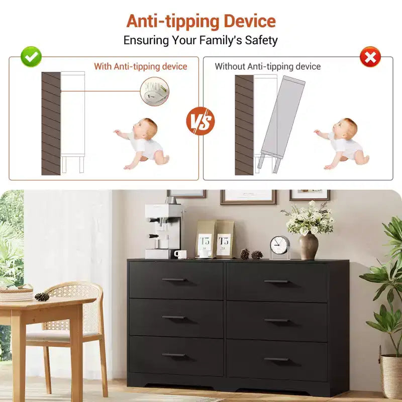 Commode à 6 tiroirs, commode de rangement moderne à structure durable avec tiroirs profonds, dispositif anti-basculement pour la maison, le bureau, le salon