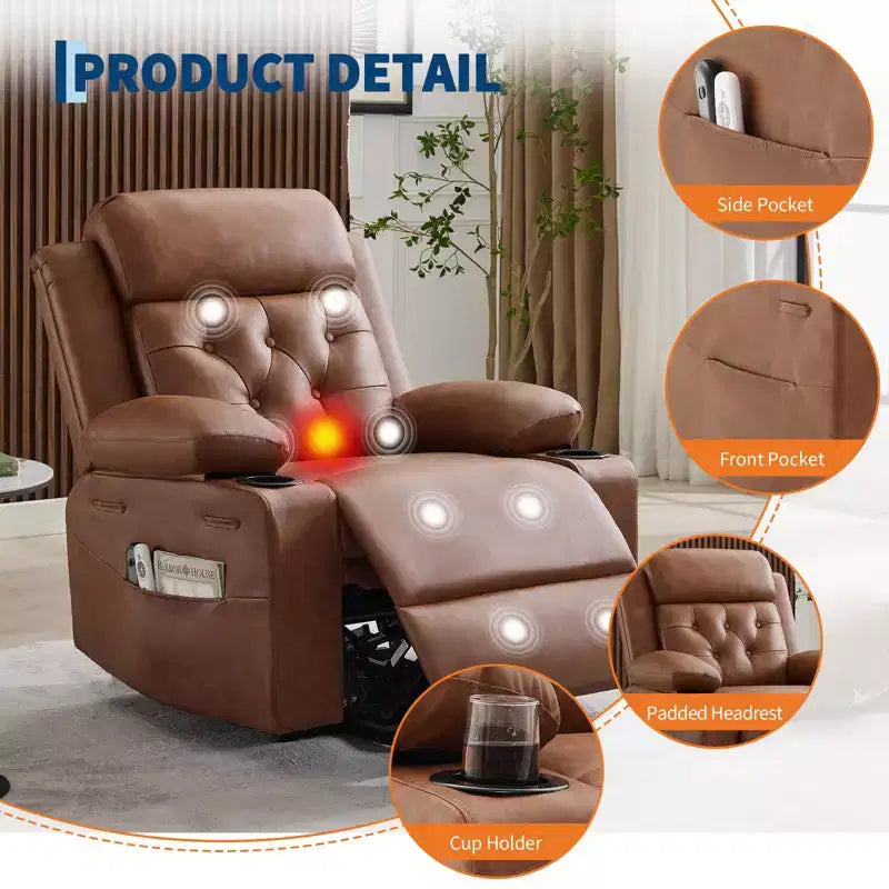 Fauteuil inclinable COZONY 42 avec élévateur, canapé inclinable électrique surdimensionné en cuir PU avec massage et chauffage, deux porte-gobelets, poches latérales pour salon