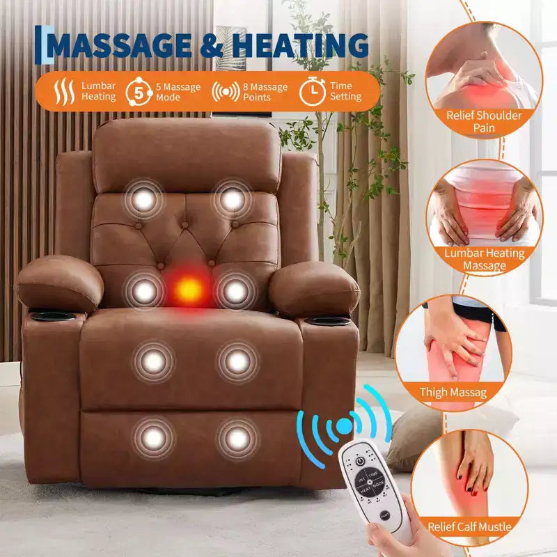 Fauteuil inclinable COZONY 42 avec élévateur, canapé inclinable électrique surdimensionné en cuir PU avec massage et chauffage, deux porte-gobelets, poches latérales pour salon