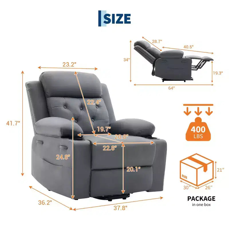 Fauteuil inclinable COZONY 42 avec élévateur, canapé inclinable électrique surdimensionné en cuir PU avec massage et chauffage, deux porte-gobelets, poches latérales pour salon