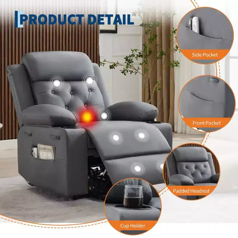 Fauteuil inclinable COZONY 42 avec élévateur, canapé inclinable électrique surdimensionné en cuir PU avec massage et chauffage, deux porte-gobelets, poches latérales pour salon
