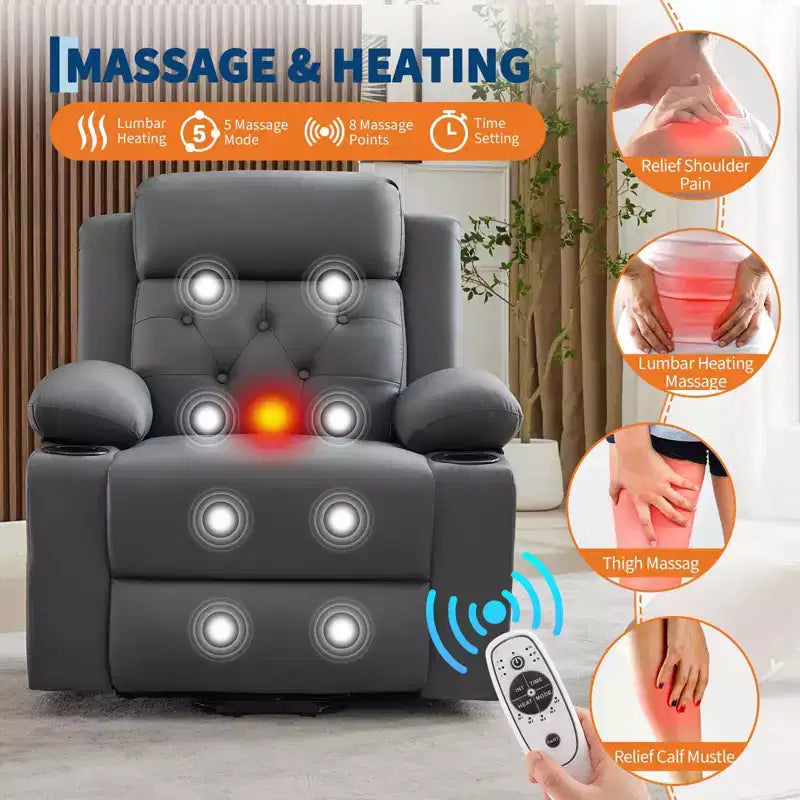 Fauteuil inclinable COZONY 42 avec élévateur, canapé inclinable électrique surdimensionné en cuir PU avec massage et chauffage, deux porte-gobelets, poches latérales pour salon