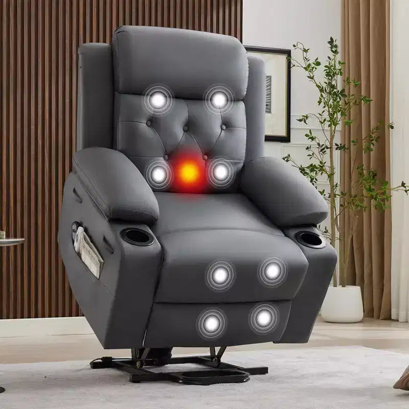 Fauteuil inclinable COZONY 42 avec élévateur, canapé inclinable électrique surdimensionné en cuir PU avec massage et chauffage, deux porte-gobelets, poches latérales pour salon