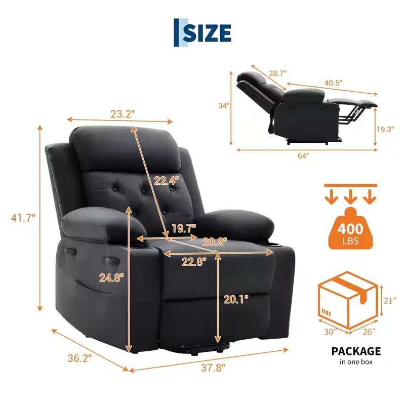 Fauteuil inclinable COZONY 42 avec élévateur, canapé inclinable électrique surdimensionné en cuir PU avec massage et chauffage, deux porte-gobelets, poches latérales pour salon