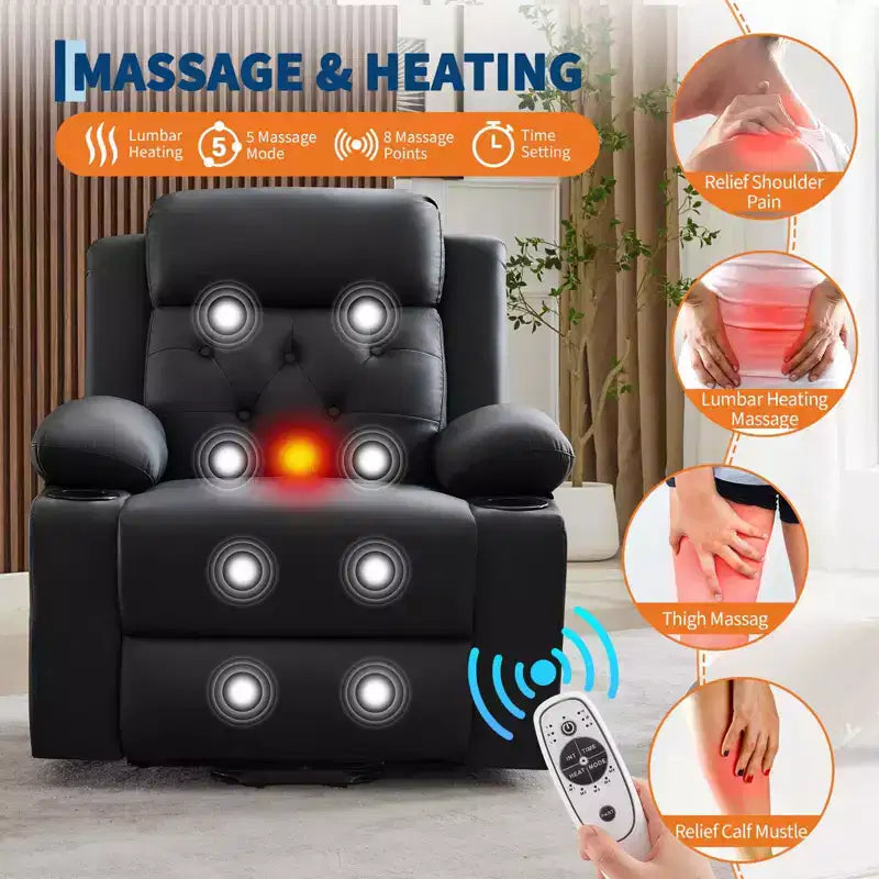 Fauteuil inclinable COZONY 42 avec élévateur, canapé inclinable électrique surdimensionné en cuir PU avec massage et chauffage, deux porte-gobelets, poches latérales pour salon