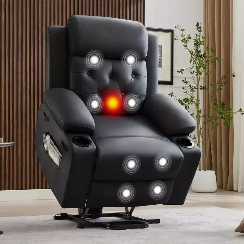 Fauteuil inclinable COZONY 42 avec élévateur, canapé inclinable électrique surdimensionné en cuir PU avec massage et chauffage, deux porte-gobelets, poches latérales pour salon