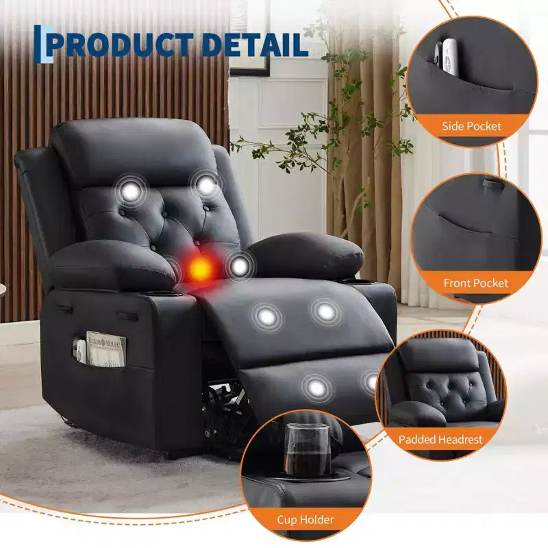 Fauteuil inclinable COZONY 42 avec élévateur, canapé inclinable électrique surdimensionné en cuir PU avec massage et chauffage, deux porte-gobelets, poches latérales pour salon