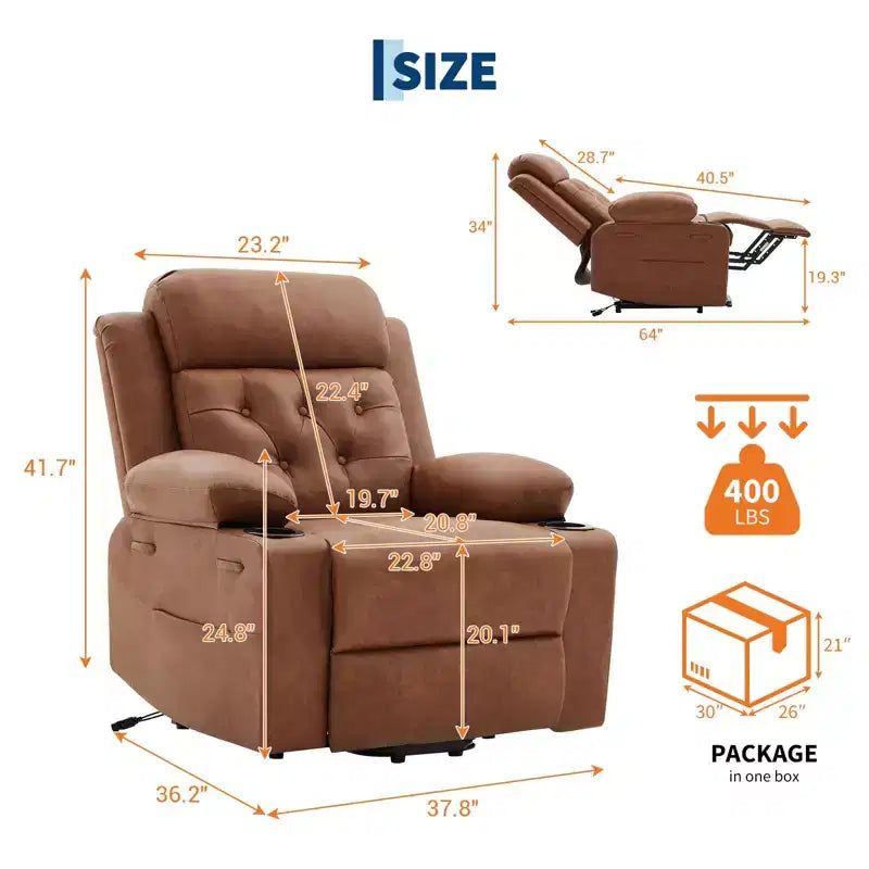 Fauteuil inclinable COZONY 42 avec élévateur, canapé inclinable électrique surdimensionné en cuir PU avec massage et chauffage, deux porte-gobelets, poches latérales pour salon