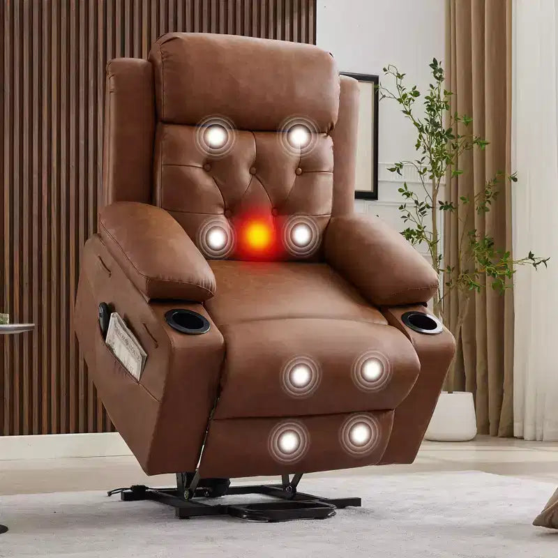 Fauteuil inclinable COZONY 42 avec élévateur, canapé inclinable électrique surdimensionné en cuir PU avec massage et chauffage, deux porte-gobelets, poches latérales pour salon