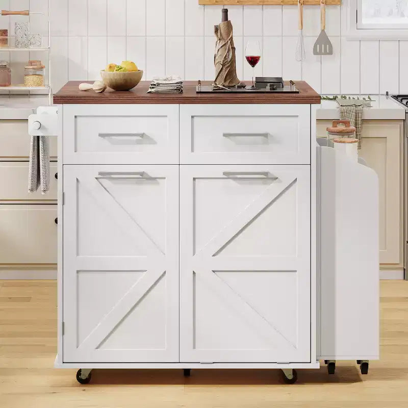 Îlot de cuisine GDFStudio Alma 47,2 avec étagères latérales amovibles, abattant, roulettes et poubelle dissimulée
