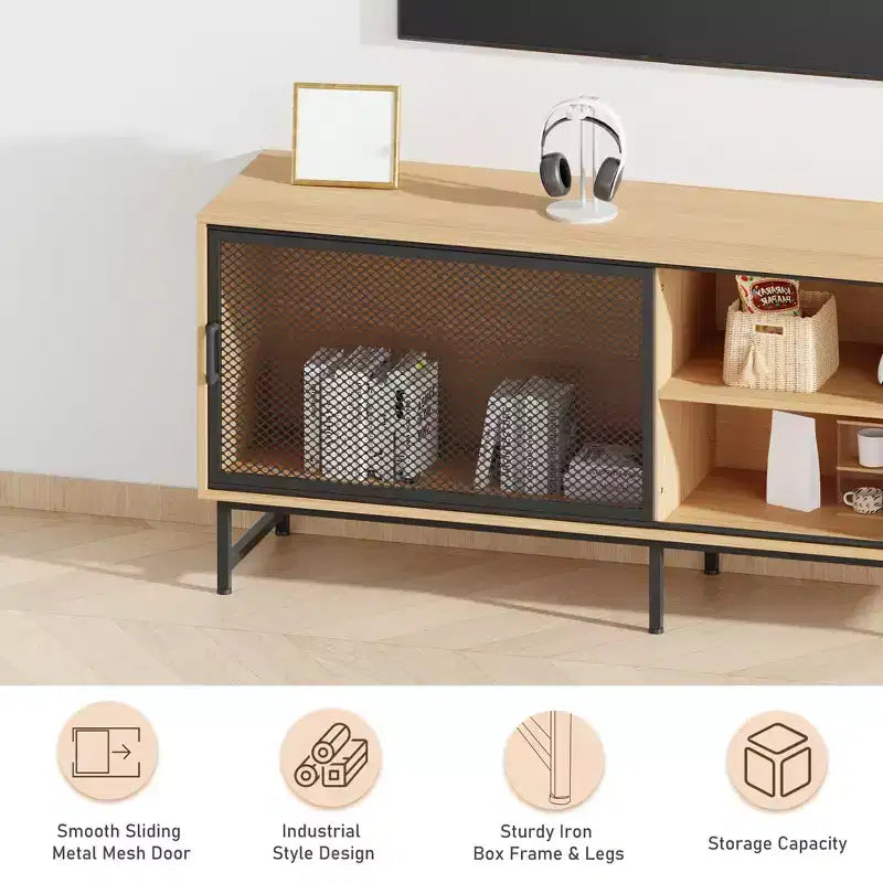 Meuble TV Moderne pour Téléviseurs jusqu'à 65 pouces, Meuble de Rangement TV en Bois de 160 cm avec Porte Coulissante en Maille Métallique, Table Console Multimédia pour Salon et Chambre à Coucher