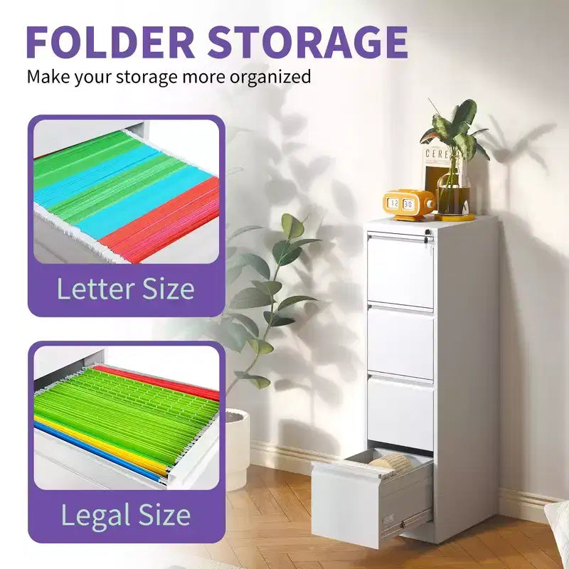 VIYET 52H Classeur vertical en métal blanc à 4 tiroirs avec serrure, armoire de classement en acier pour bureau à domicile, compatible avec les documents A4/légaux/lettre