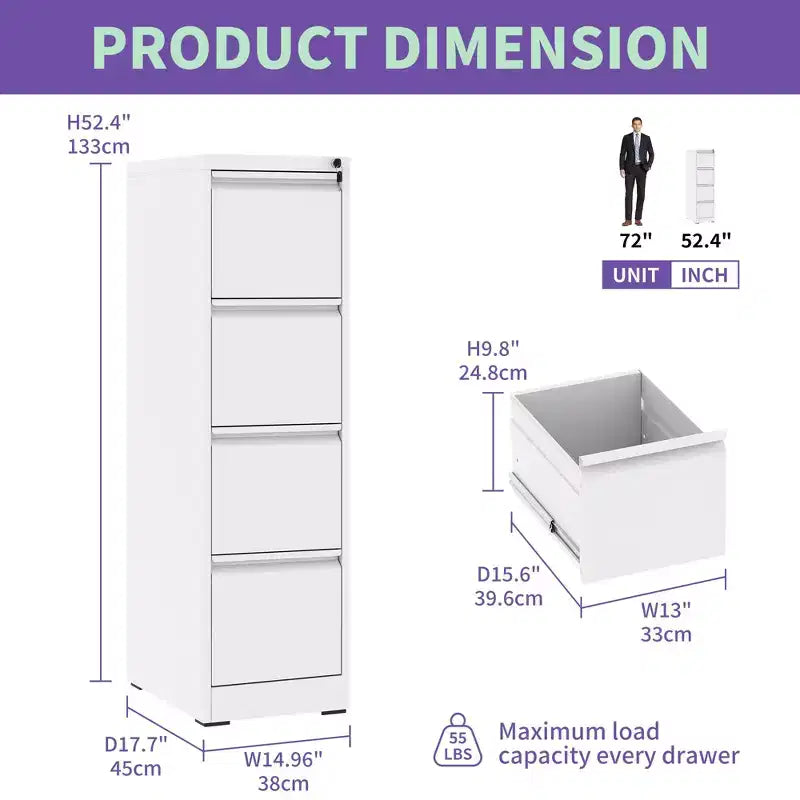 VIYET 52H Classeur vertical en métal blanc à 4 tiroirs avec serrure, armoire de classement en acier pour bureau à domicile, compatible avec les documents A4/légaux/lettre