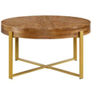 EHMKNP 32.28 Table basse ronde vintage rustique en bois avec pieds en métal doré