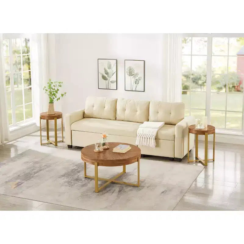 EHMKNP 32.28 Table basse ronde vintage rustique en bois avec pieds en métal doré