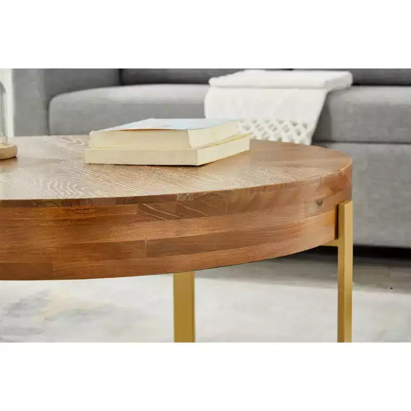 EHMKNP 32.28 Table basse ronde vintage rustique en bois avec pieds en métal doré