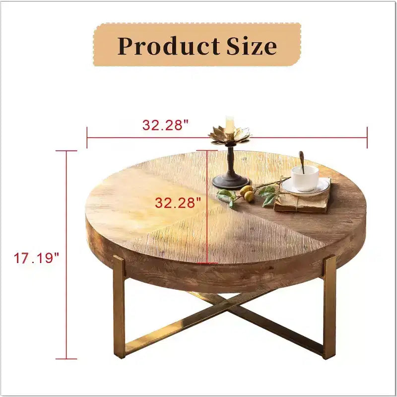 EHMKNP 32.28 Table basse ronde vintage rustique en bois avec pieds en métal doré