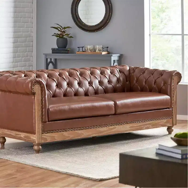 Canapé Chesterfield classique 3 places avec dossier capitonné, garniture cloutée et pieds en bois, canapé d'appoint en cuir PU pour salon ou lounge - Panipeachy