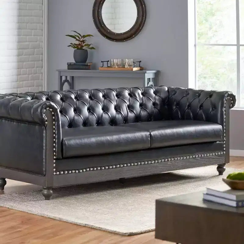 Canapé Chesterfield classique 3 places avec dossier capitonné, garniture cloutée et pieds en bois, canapé d'appoint en cuir PU pour salon ou lounge - Panipeachy