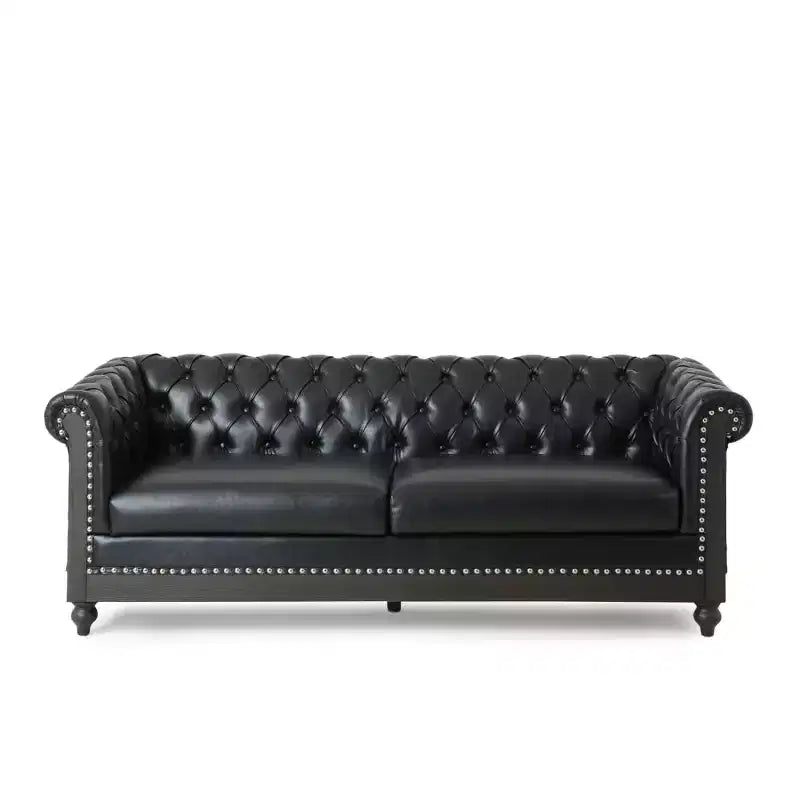 Classic 3-Seater Chesterfield Sofa with Tufted Back, Nailhead Trim and Wood Legs, PU Leather Accent Sofa Couch for Living Room or Lounge - Panipeachy