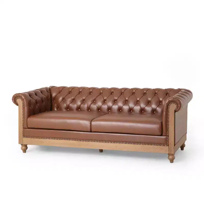 Canapé Chesterfield classique 3 places avec dossier capitonné, garniture cloutée et pieds en bois, canapé d'appoint en cuir PU pour salon ou lounge - Panipeachy