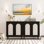 Bahut de cuisine avec rotin, pieds en bois massif pour salon, couloir, entrée, buffet avec grand espace de rangement