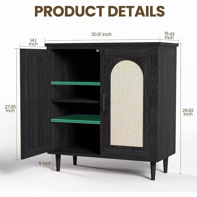 Bahut de cuisine avec rotin, pieds en bois massif pour salon, couloir, entrée, buffet avec grand espace de rangement
