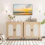 Bahut de cuisine avec rotin, pieds en bois massif pour salon, couloir, entrée, buffet avec grand espace de rangement