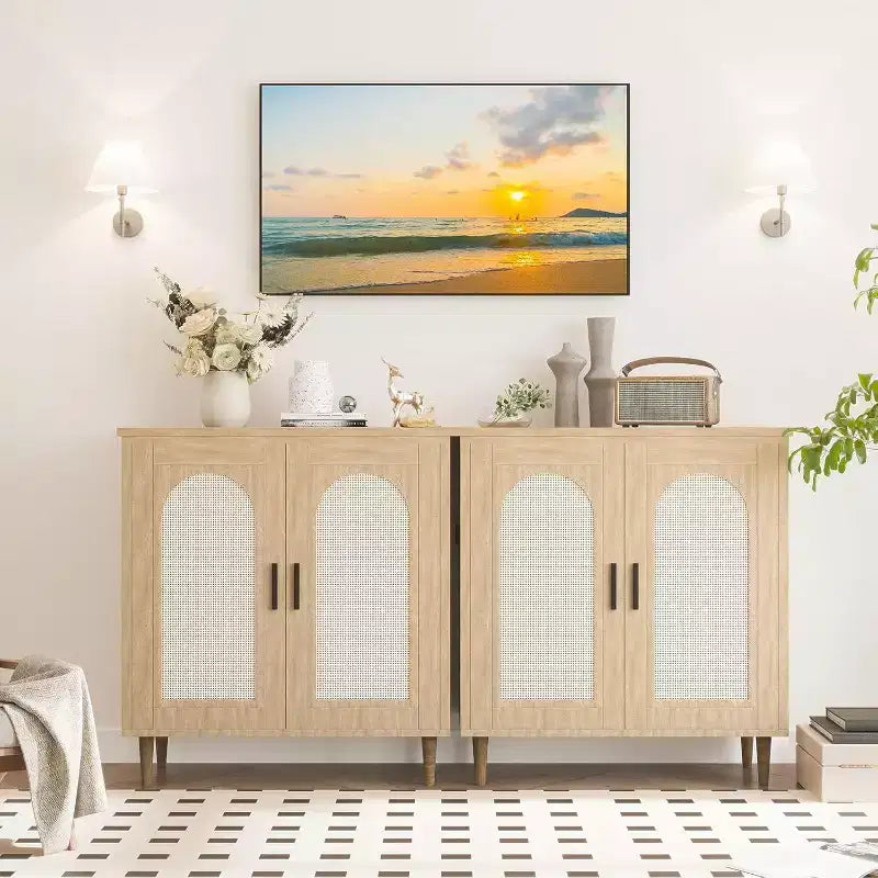 Bahut de cuisine avec rotin, pieds en bois massif pour salon, couloir, entrée, buffet avec grand espace de rangement
