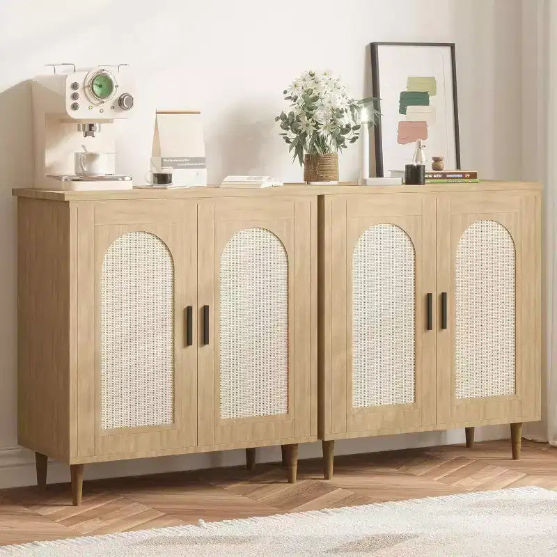 Bahut de cuisine avec rotin, pieds en bois massif pour salon, couloir, entrée, buffet avec grand espace de rangement