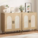Bahut de cuisine avec rotin, pieds en bois massif pour salon, couloir, entrée, buffet avec grand espace de rangement