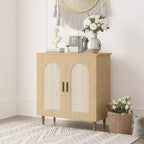 Bahut de cuisine avec rotin, pieds en bois massif pour salon, couloir, entrée, buffet avec grand espace de rangement