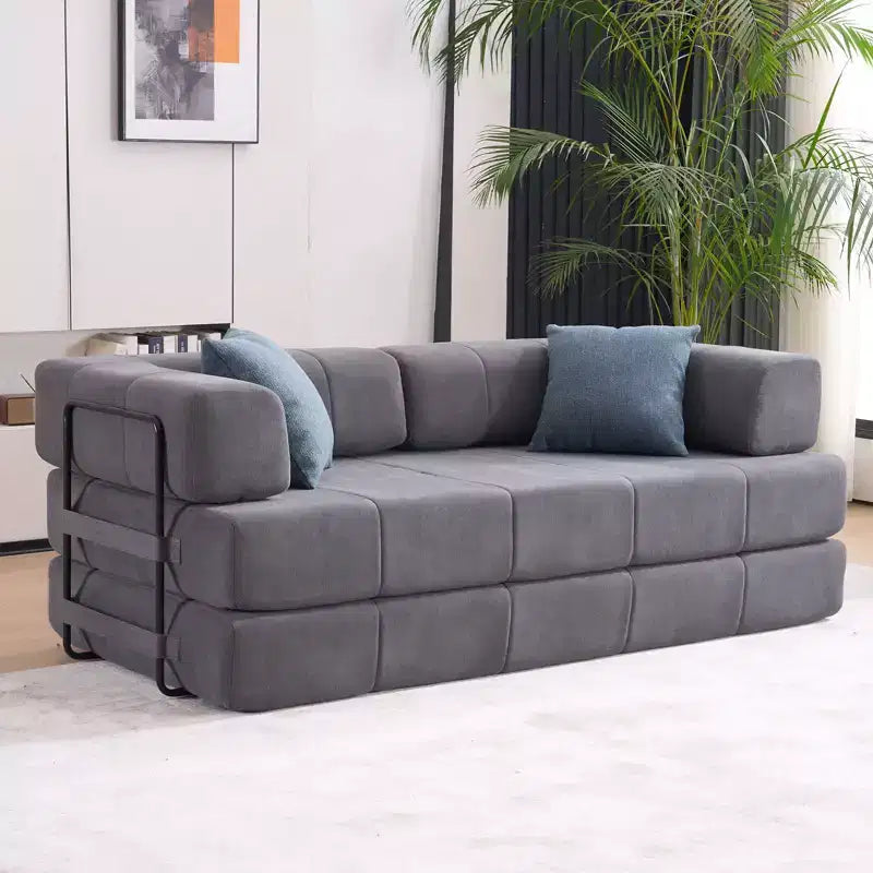 4-in-1 Convertible Sofa Bed, Corduroy Floor Couch Sleeper with 2 Pillows & Metal Arms, High-Density Foam Guest Bed, Gray