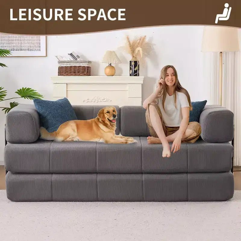 Canapé convertible 4 en 1, matelas de sol en velours côtelé avec 2 oreillers et accoudoirs métalliques, lit d'appoint en mousse haute densité, gris