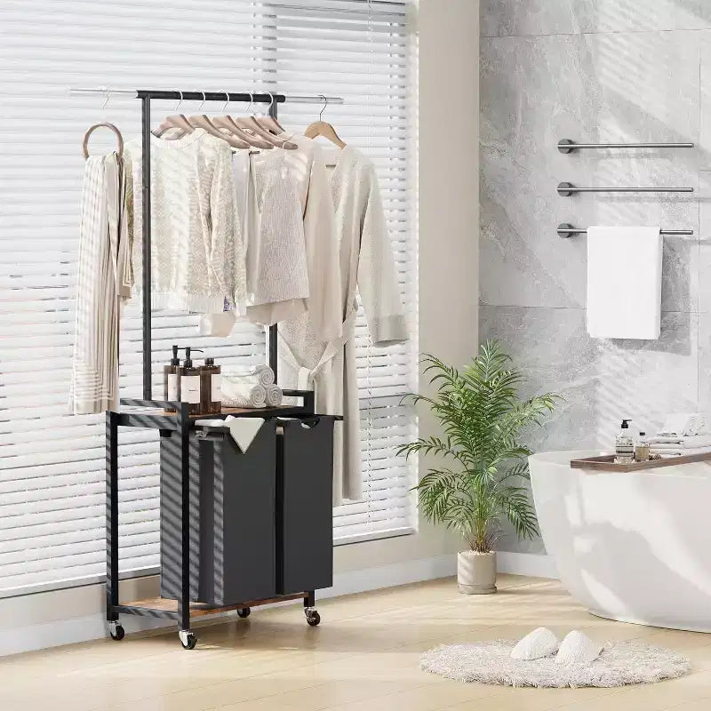 Bac de tri de linge 2/3/4 sections, panier à linge roulant avec tringle à suspendre et étagère, organisateur de panier à linge avec roulettes verrouillables, pour la maison
