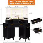 Coiffeuse cannelée de 48 pouces, grande coiffeuse d'angle éclairée avec triple miroir HD et lumières, table de maquillage